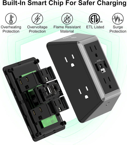 Multi Plug Wall Outlet Night Light, POWRUI 6 Outlet Extender & 3 USB Ports