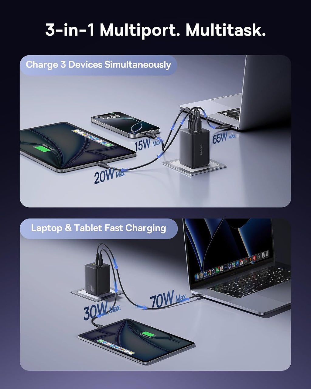 Baseus Spacemate Docking Station, 11-in-1 USB-C Dock for Windows Laptop, Baseus 100W USB C Charger Block, 3-Port Foldable Compact PPS Wall Charger