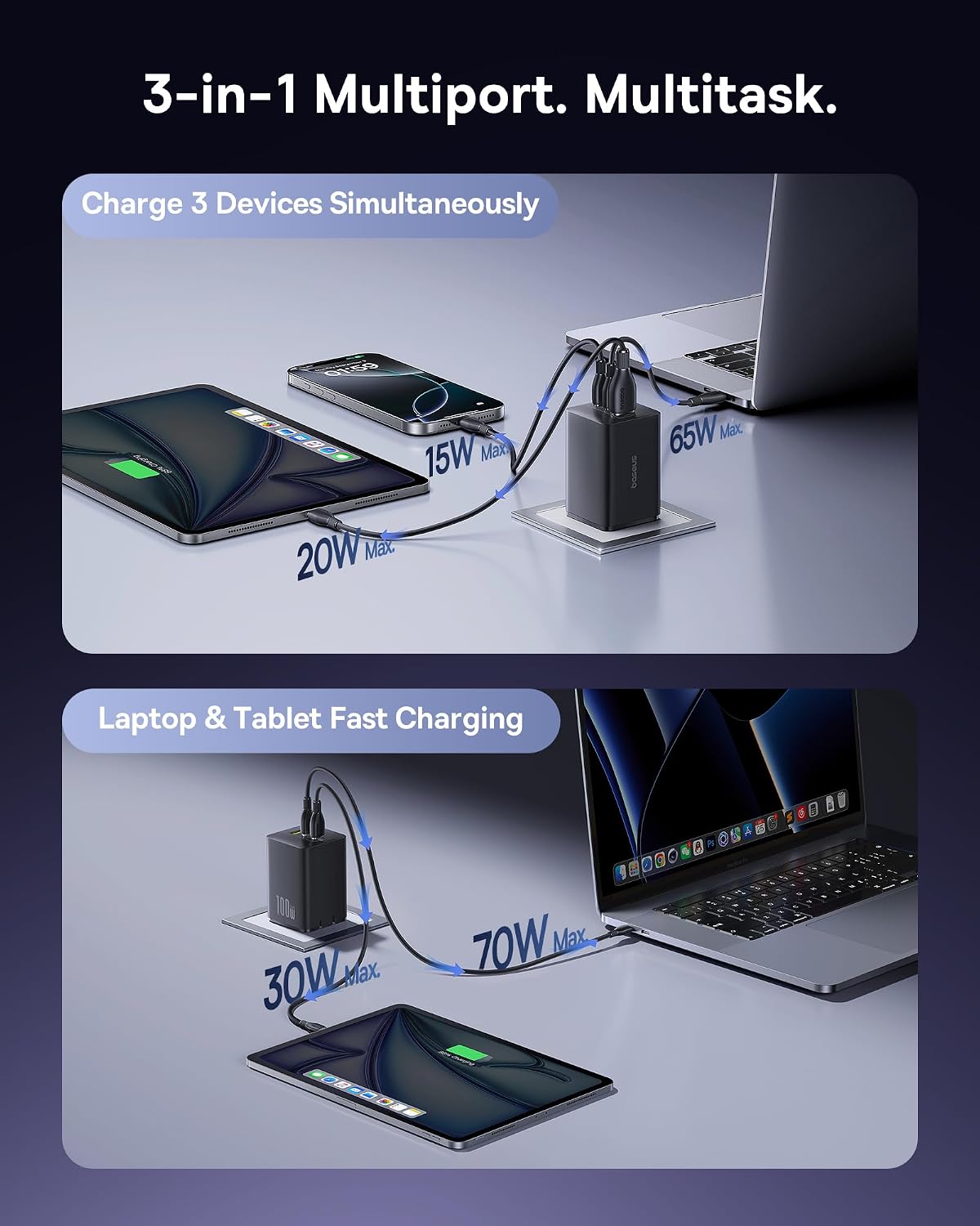 Baseus Spacemate Docking Station, 11-in-1 USB-C Dock for Windows Laptop, Baseus 100W USB C Charger Block, 3-Port Foldable Compact PPS Wall Charger