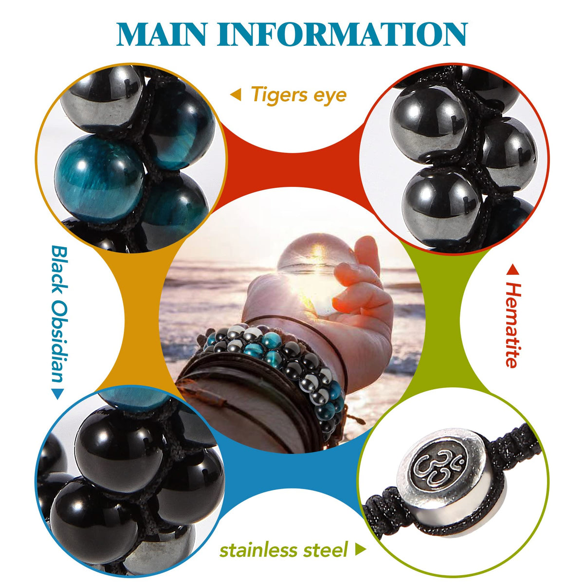 Triple Protection Bracelet - for Protect & Balance - Energy Crystal Handmade Bracelets for Men Women
