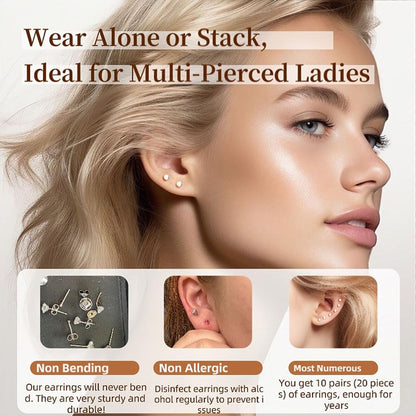 10 Pairs Small Stud Earrings for Women Hypoallergenic Multiple Piercings
