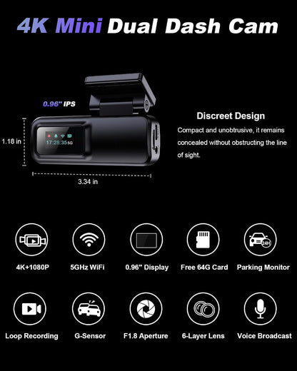 Dash Cam Front and Rear 4K 1080P, 64GB Card Included, 24H Parking Mode