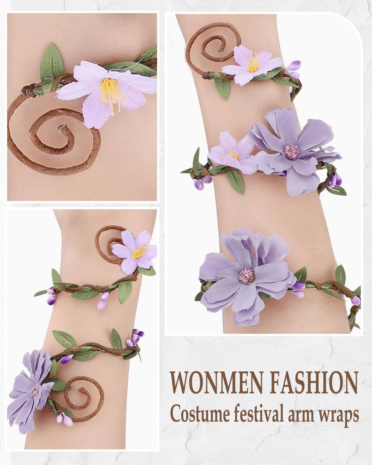 FRESHME Renaissance Costume Flower Arm Wraps - 2 Pcs Fairy Accessories Elf Bracelet with Wrap Ring Woodland Renfaire Outfit
