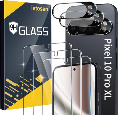 letosan 3 Pack for Google Pixel 11 Pro Screen Protector Tempered Glass + 3 Pack Camera Lens Protector, Military Grade Shatterproof, 9H Hardness, Fingerprint Unlock,Case Friendly 6.3 Inch
