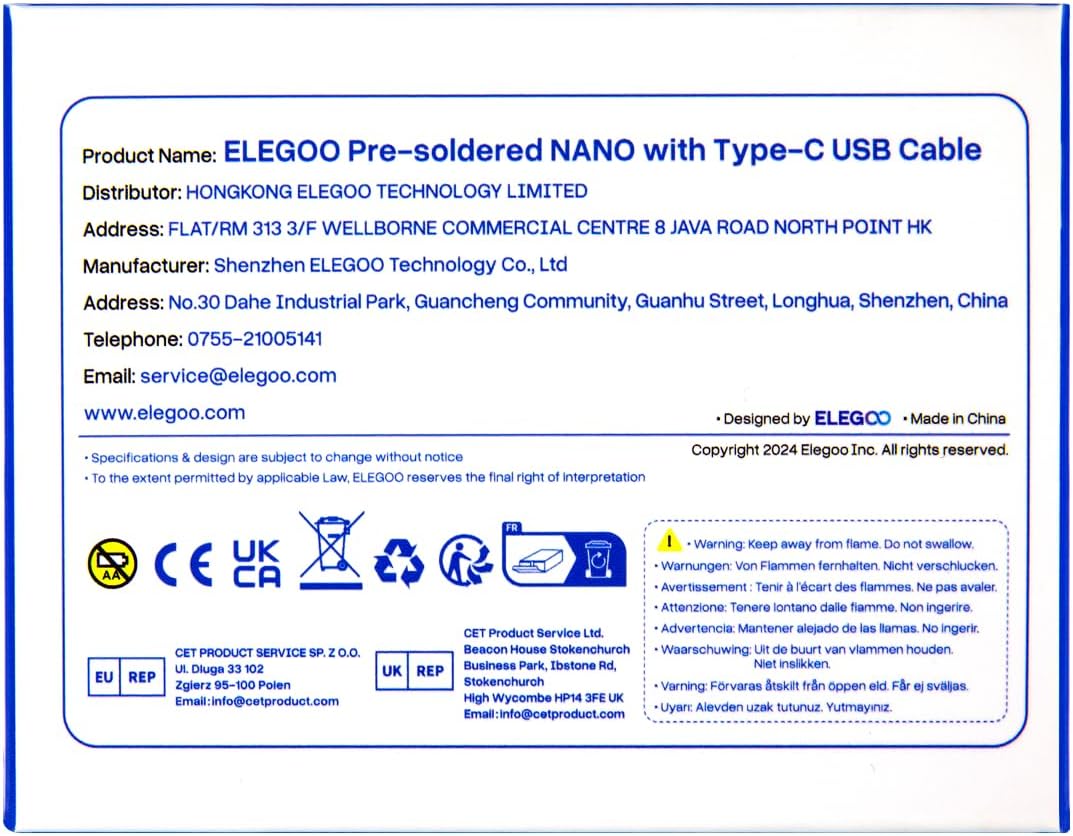 ELEGOO Presoldered Nano Board USB-C with Cable Compatible with Arduino 3PC