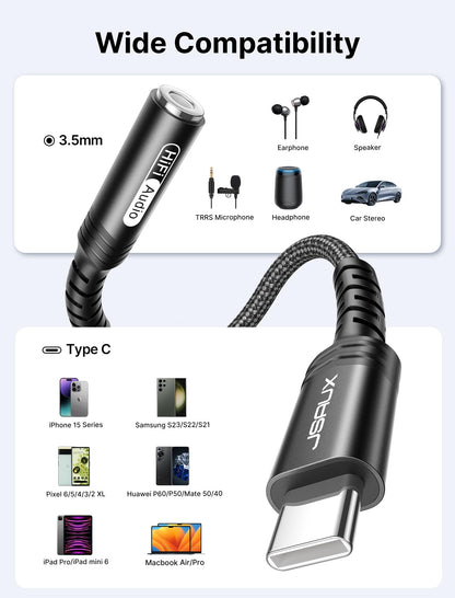 JSAUX 2 Pack USB C to 3.5mm Audio Adapter, Smart DAC Headset Dongle, Black
