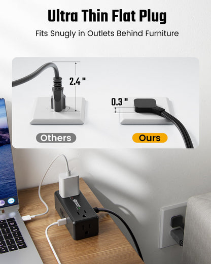 10Ft Long Extension Cord, SUPERDANNY Flat Plug Surge Protector Power Strip