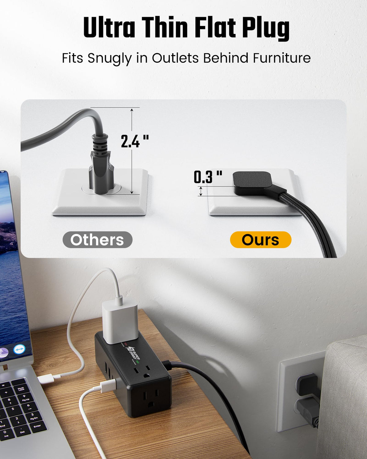 10Ft Long Extension Cord, SUPERDANNY Flat Plug Surge Protector Power Strip