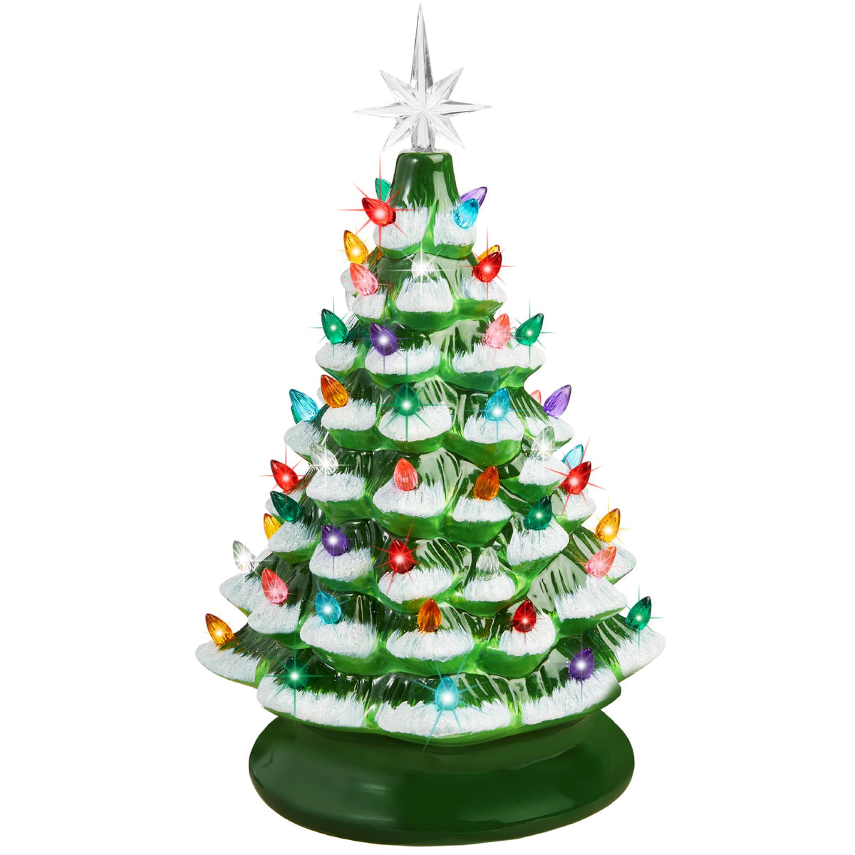 Best Choice Products 15in Ceramic Christmas Tree, Pre-lit Hand-Painted Tabletop Holiday Tree, Star Topper, 64 Lights - Green w/Multicolored Bulbs