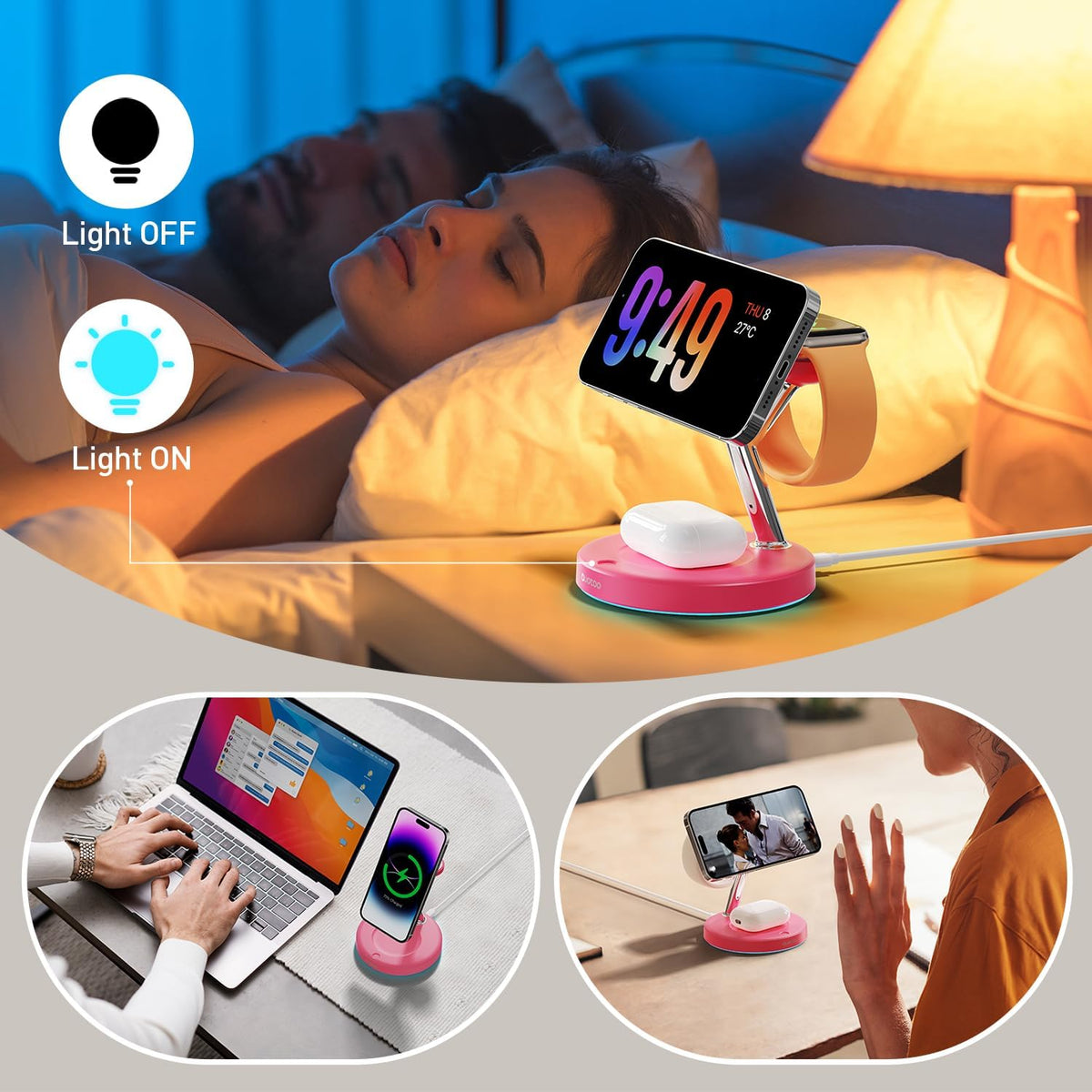 【Adjustable Blue Ambient Light】 Wireless Charger 3 in 1 for iPhone, Magnetic Charging Station for Apple Family,15W Fast MagSafe Charger Stand,for iPhone17-12-iWatch AirPods Series