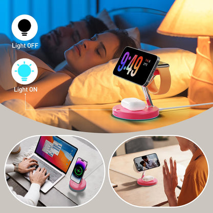 【Adjustable Blue Ambient Light】 Wireless Charger 3 in 1 for iPhone, Magnetic Charging Station for Apple Family,15W Fast MagSafe Charger Stand,for iPhone17-12-iWatch AirPods Series