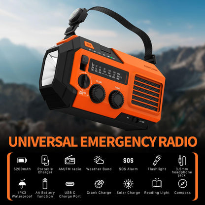 FosPower NOAA Emergency Weather Radio D8 37000mWh Portable Power Bank, AM/FM, USB/Solar/Hand Crank Charging, SOS Alarm & Flashlight for Indoor/Outdoor Emergency - Orange