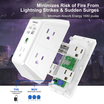 Multi Plug Wall Outlet Night Light, POWRUI 6 Outlet Extender & 3 USB Ports