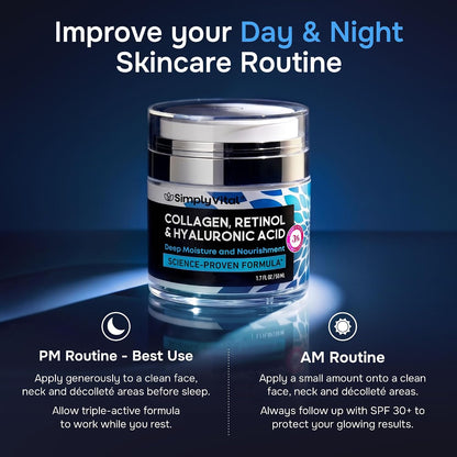 SimplyVital Face Moisturizer Retinol Collagen Hyaluronic Acid Cream 1.7 oz