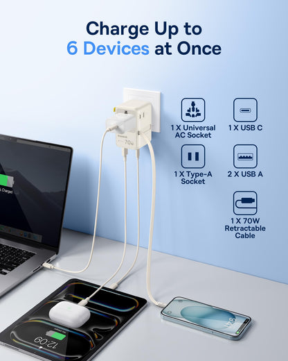Baseus 70W Universal Travel Adapter, 6-in-1 International Plug Adapter