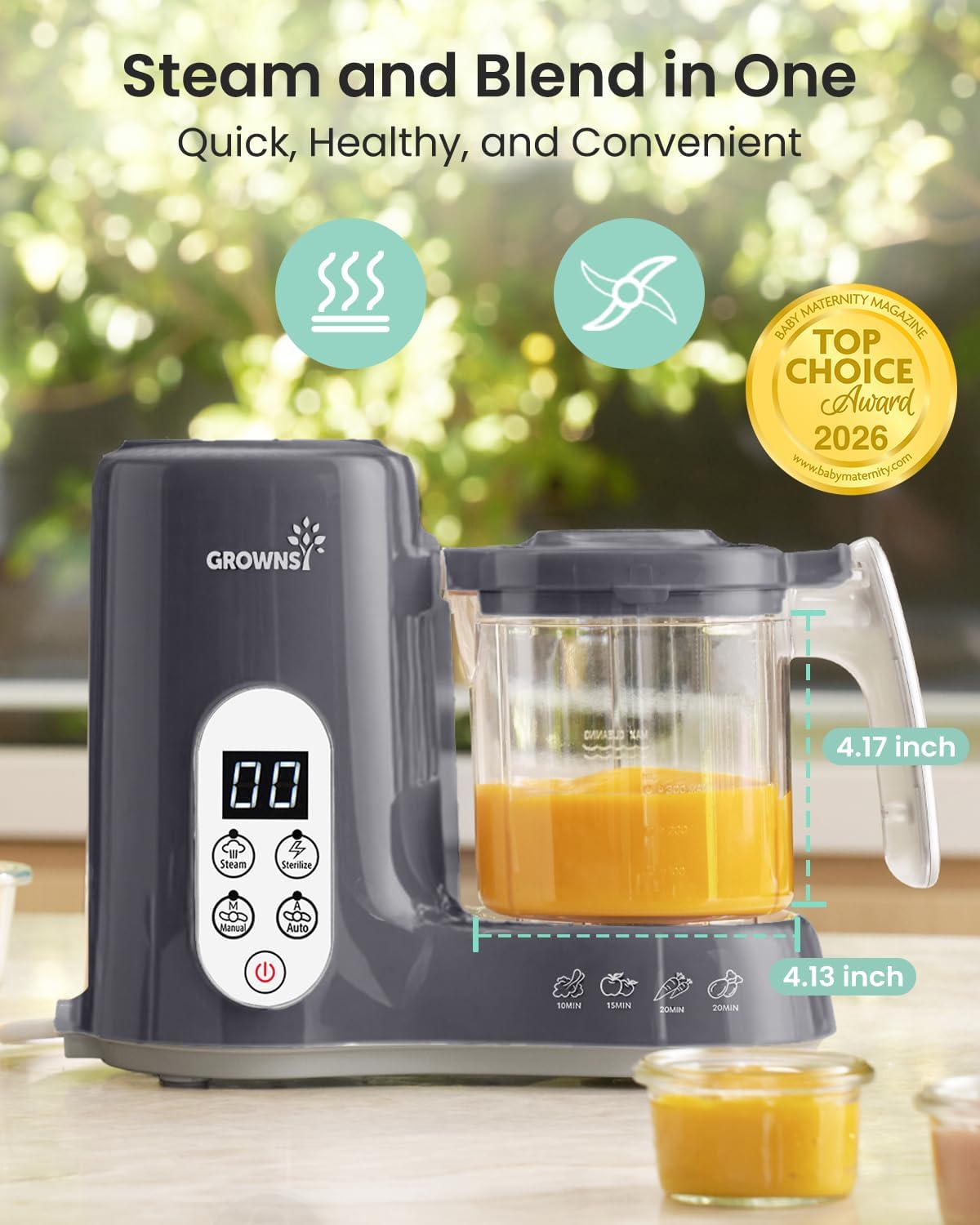 Grownsy Baby Food Maker, Steamer & Blender Baby Food Processor, Dark Grey