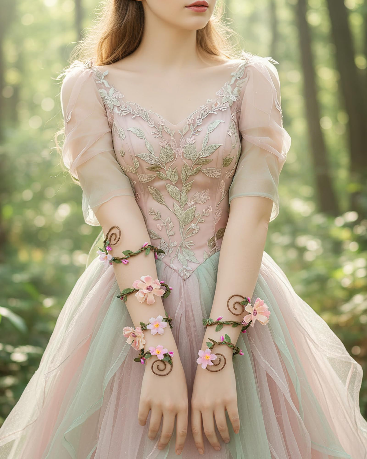 FRESHME Renaissance Costume Flower Arm Wraps - 2 Pcs Fairy Accessories Elf Bracelet with Wrap Ring Woodland Renfaire Outfit