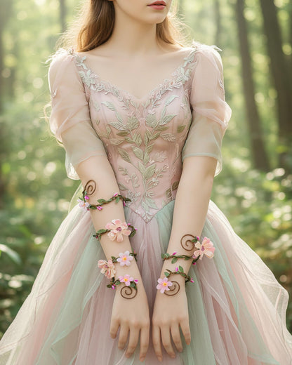 FRESHME Renaissance Costume Flower Arm Wraps - 2 Pcs Fairy Accessories Elf Bracelet with Wrap Ring Woodland Renfaire Outfit