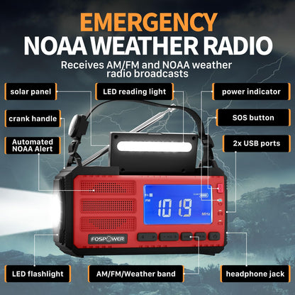 FosPower NOAA Emergency Weather Radio D8 37000mWh Portable Power Bank, AM/FM, USB/Solar/Hand Crank Charging, SOS Alarm & Flashlight for Indoor/Outdoor Emergency - Orange