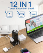 Tower Extension Lead with USB Slots, 8 Way Multi Plug Extension Tower &4USB
