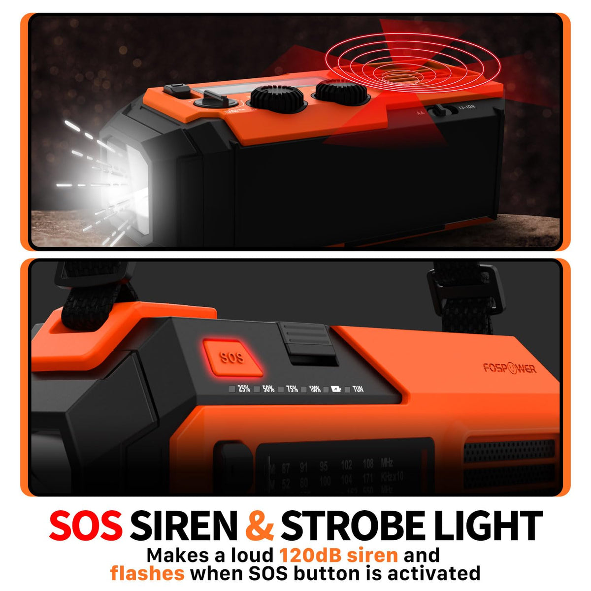 FosPower NOAA Emergency Weather Radio D8 37000mWh Portable Power Bank, AM/FM, USB/Solar/Hand Crank Charging, SOS Alarm & Flashlight for Indoor/Outdoor Emergency - Orange