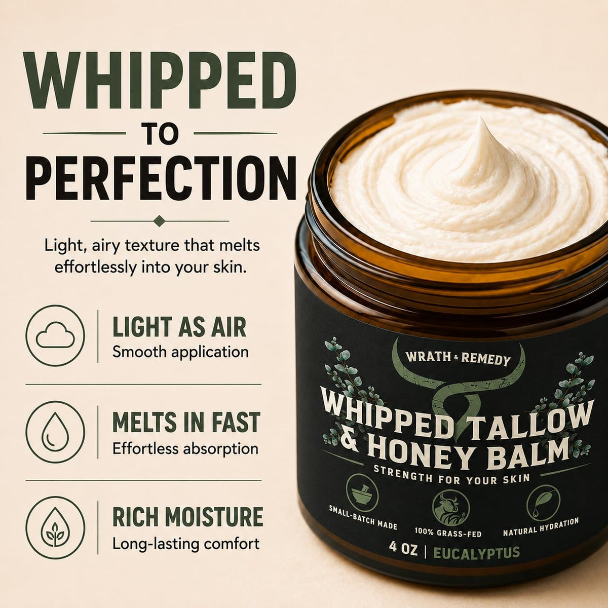 Wrath & Remedy Beef Tallow and Honey Balm, Handcrafted, Unscented, 4 oz