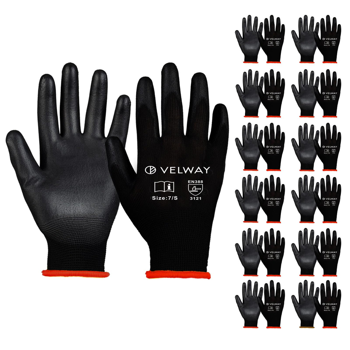 Velway 12 Pairs Work Gloves PU Coated for Men Women, Red, Size 9/L