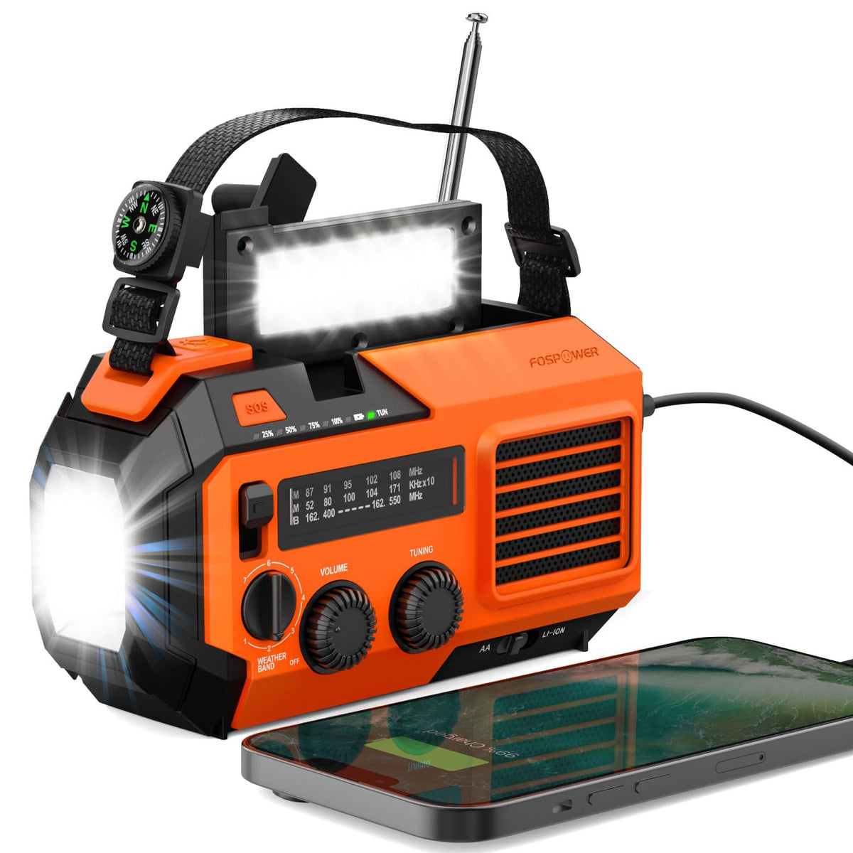 FosPower NOAA Emergency Weather Radio D8 37000mWh Portable Power Bank, AM/FM, USB/Solar/Hand Crank Charging, SOS Alarm & Flashlight for Indoor/Outdoor Emergency - Orange