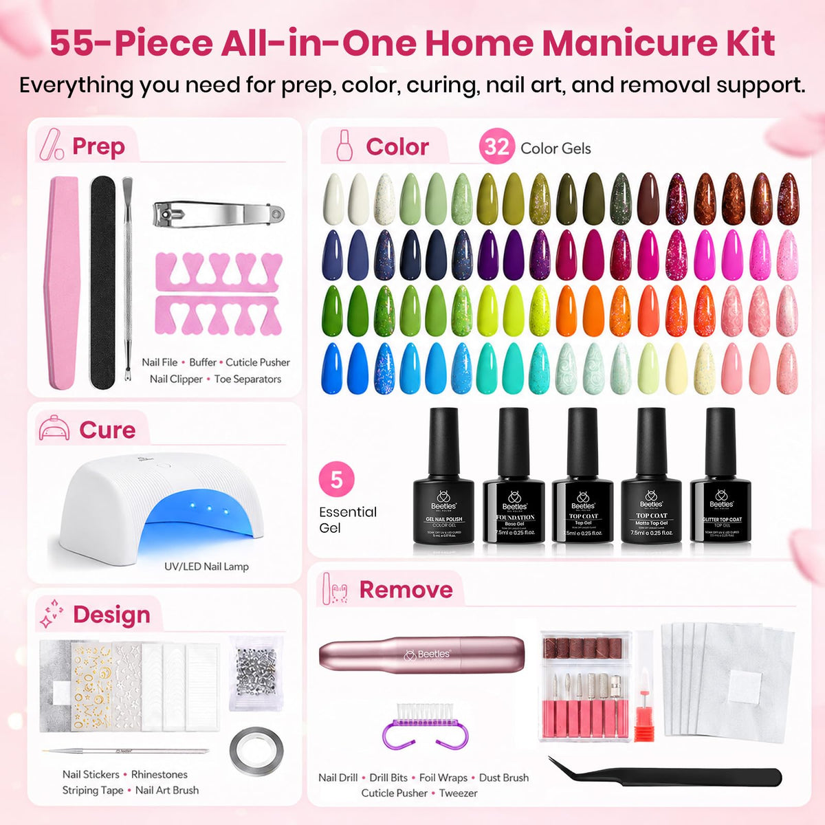 Beetles Gel Nail Polish Kit with U V Light - 80Pcs 55 Colors Gel Nail Kit