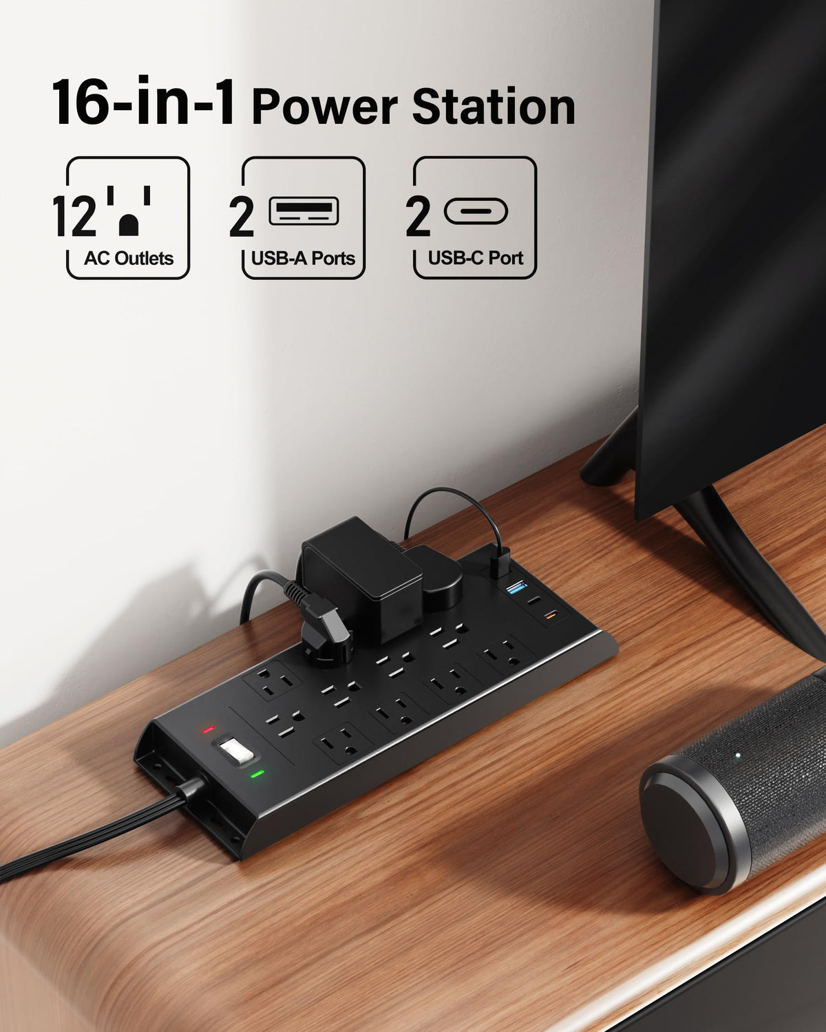 Surge Protector Power Strip 4800J, LeZone 10Ft Long Extension Cord Flat Plug, 20 Outlets 4 USB-A 4 USB-C Ports, Wall Mountable, Home Office Dorm Essentials, Black