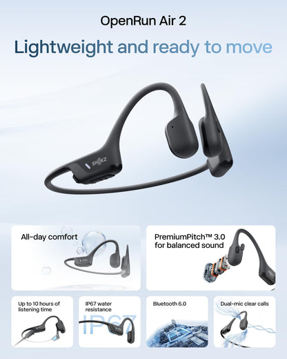 SHOKZ OpenRun Air 2 Bone Conduction Open-Ear Bluetooth Headphones，Black