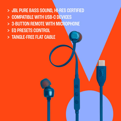 JBL Tune 310C - Wired Hi-Res in-Ear Headphones, Tangle-Free Flat Cable, 3-Button Remote with Microphone (Black)
