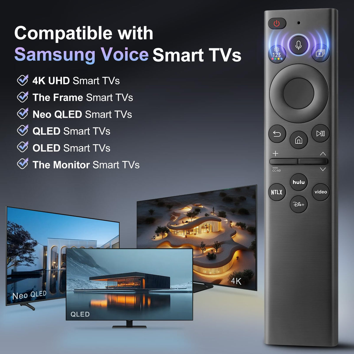 Replacement for Samsung TV Remote, for All 2018-2024 Samsung Remote Control for Smart TV with Voice Control. No Solarcell. 2-Year Warranty.