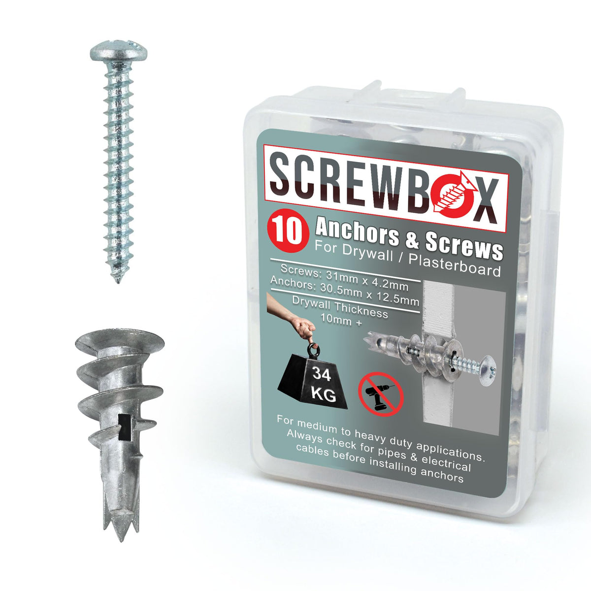 Plasterboard Fixings – 20pcs Heavy Duty Drywall Anchors & Screws, Metal Self Drilling Wall Plugs for Strong Grip