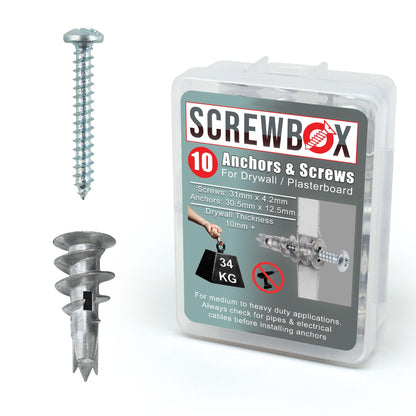 Plasterboard Fixings – 20pcs Heavy Duty Drywall Anchors & Screws, Metal Self Drilling Wall Plugs for Strong Grip