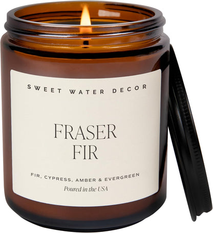 Sweet Water Decor Fraser Fir Candle, 9oz Amber Glass Jar, Winter Scent