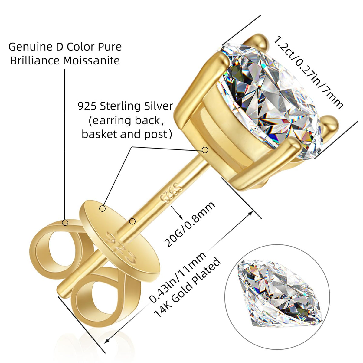 Moissanite Stud Earrings GRA 925 Sterling Silver Earrings for Men
