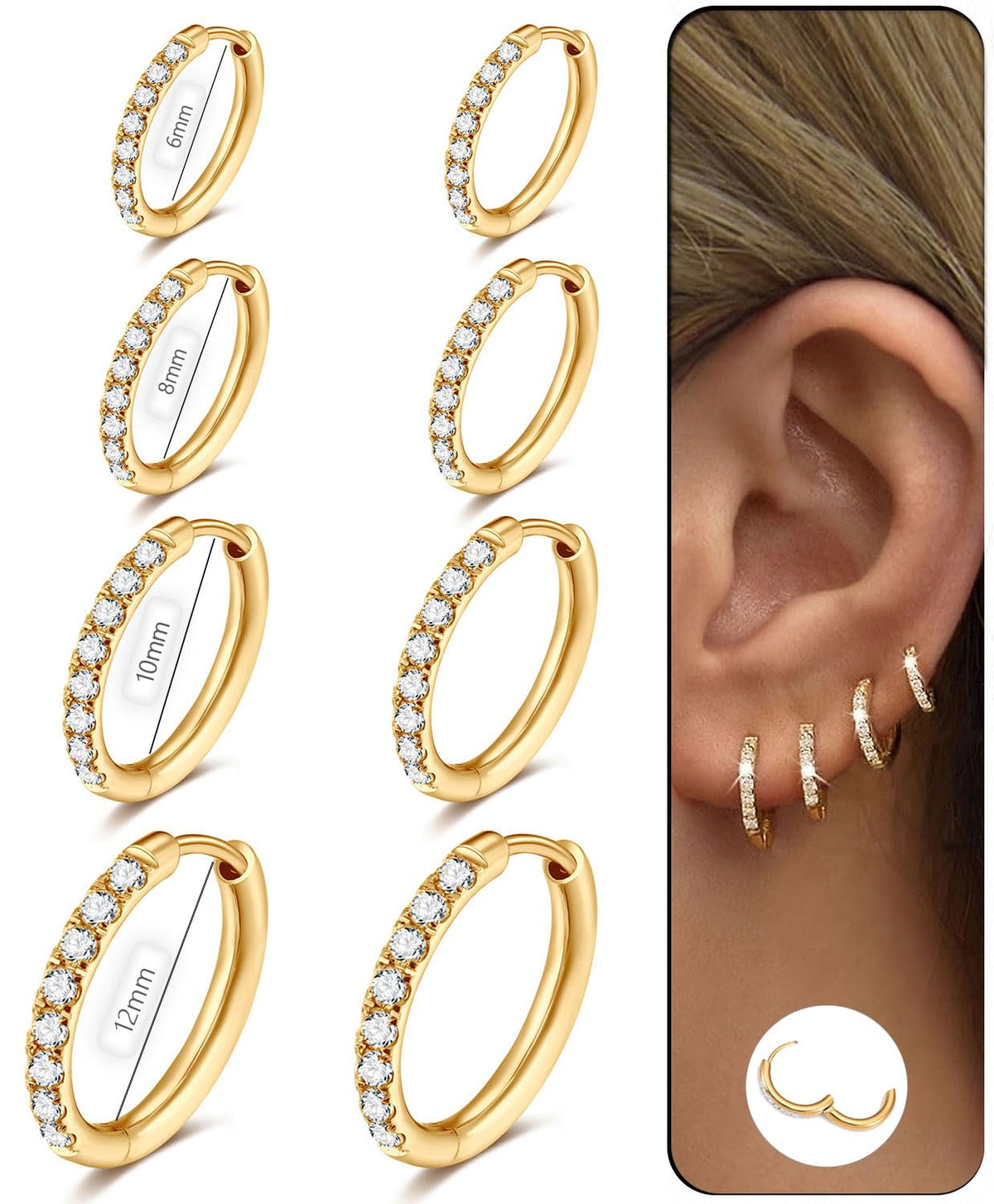 CZ Huggie Hoop Earrings, Stainless Steel Small Hoop Earrings