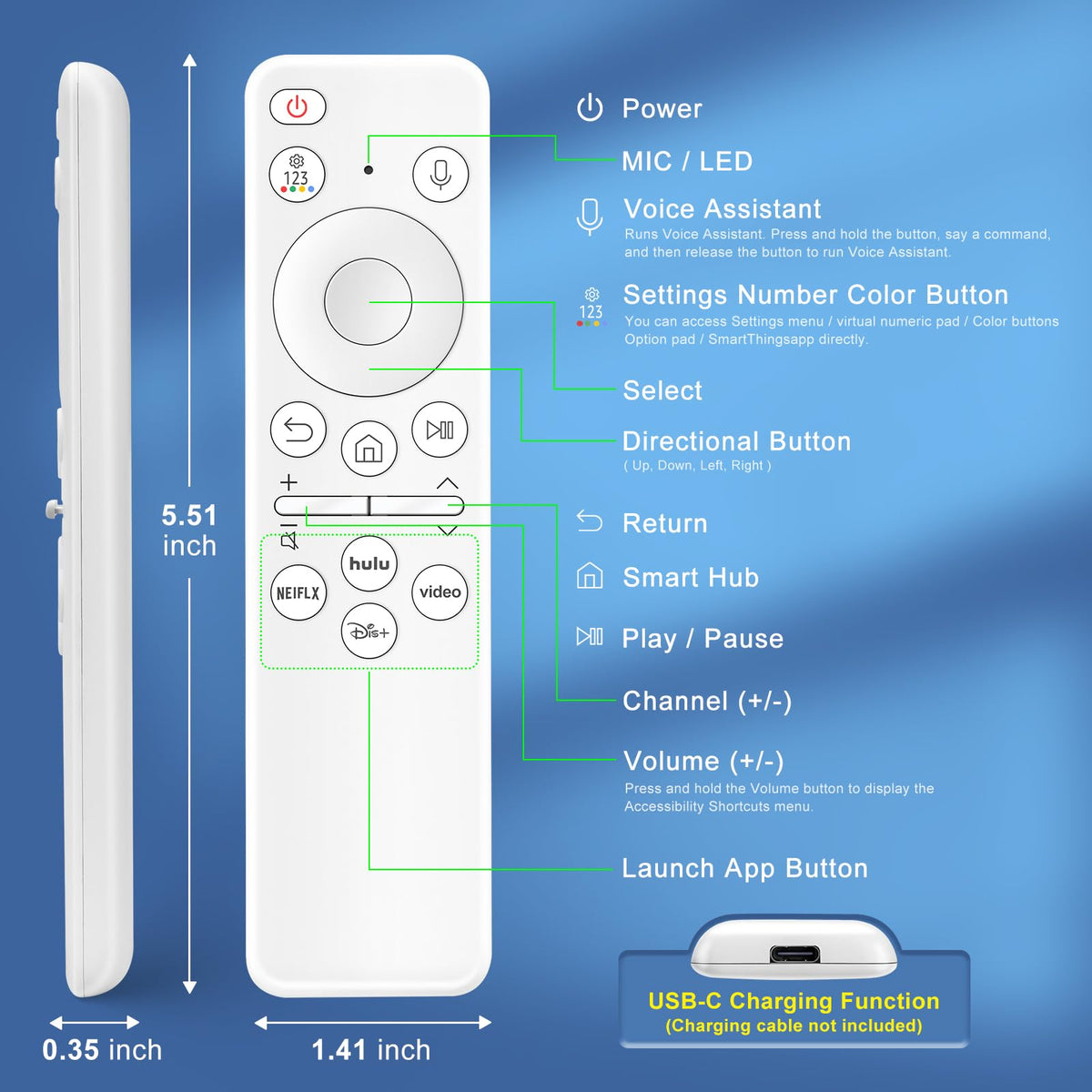 Replacement for Samsung TV Remote, for All 2018-2024 Samsung Remote Control for Smart TV with Voice Control. No Solarcell. 2-Year Warranty.