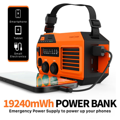 FosPower NOAA Emergency Weather Radio D8 37000mWh Portable Power Bank, AM/FM, USB/Solar/Hand Crank Charging, SOS Alarm & Flashlight for Indoor/Outdoor Emergency - Orange