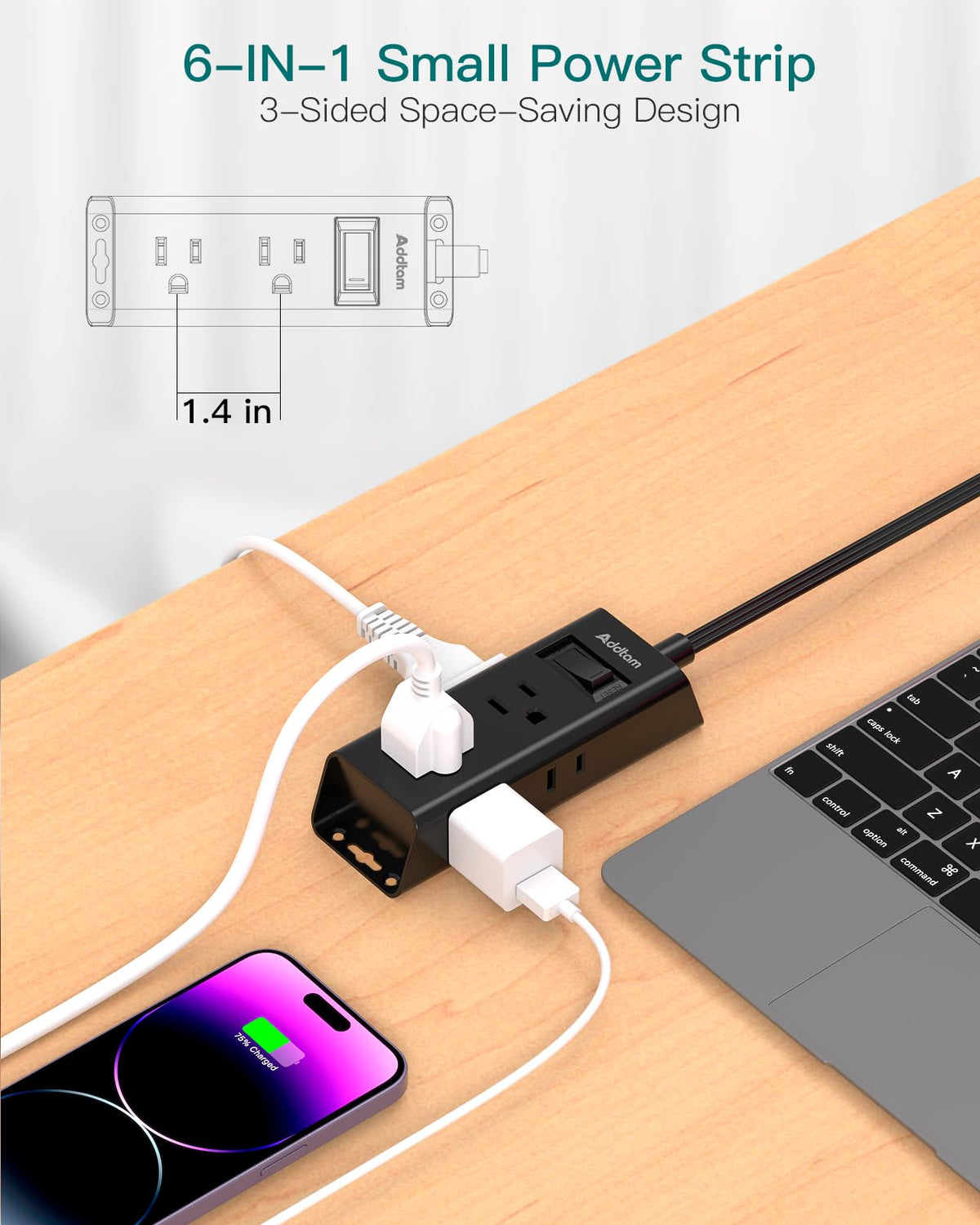 Addtam Flat Plug Extension Cord with 6 Outlet Extender for Cruise Travel