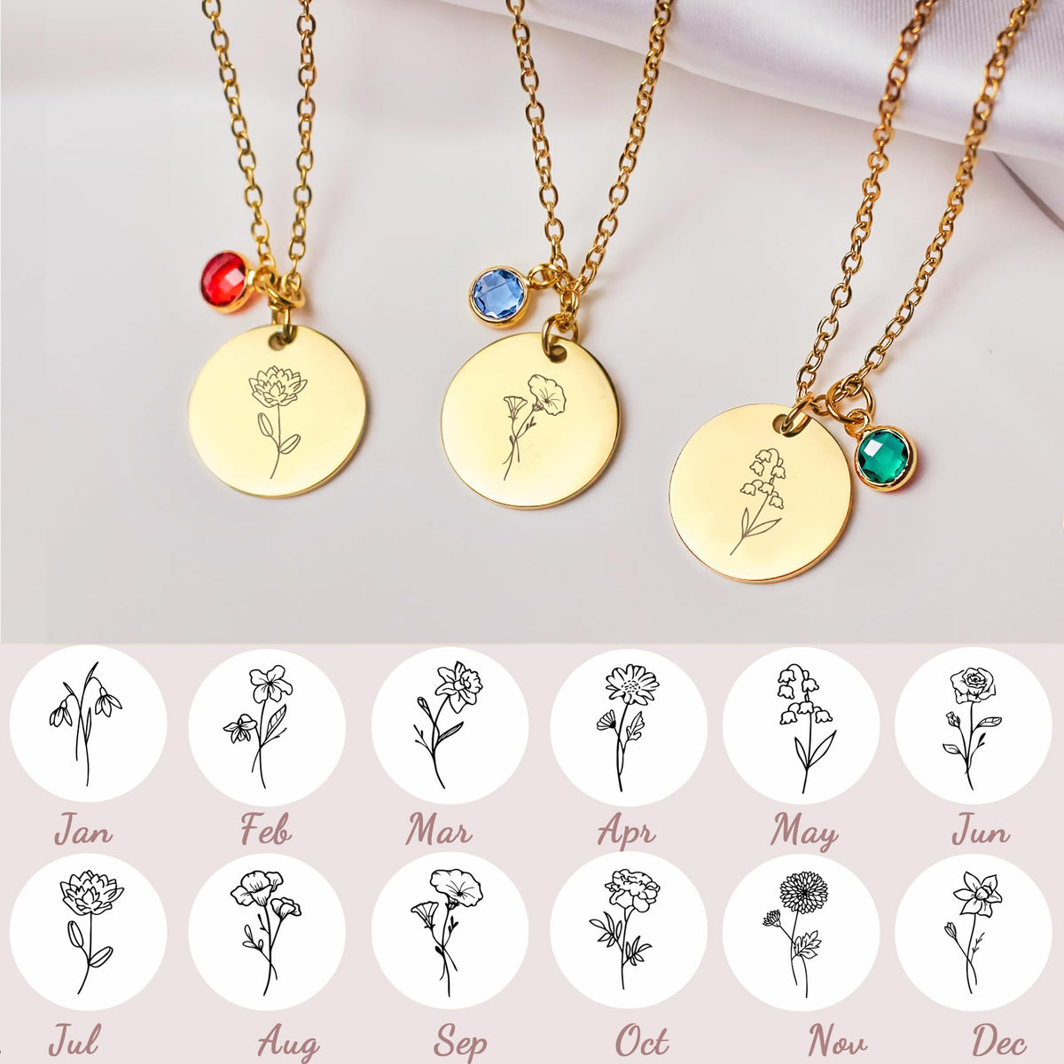 Birth Flower Necklaces for Women, 18K Gold Plated Birthstone Necklaces