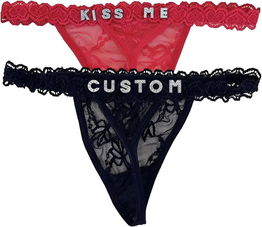 2-Pack Personalized Thongs with Names, Custom Lace Underwear Panties with Rhinestone Shiny Letter Name for Women & Girlfriend Birthday Gift/Valentine's Day Gift Black