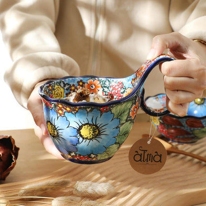 ALMA Handpainted Soup Bowl with Large Loop Handle,Easier Secure Grip