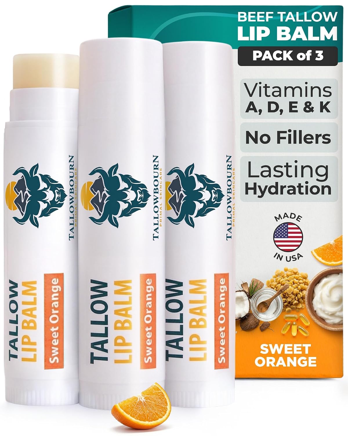 Moisturizing Grass-Fed Beef Tallow Lip Balm 3pk – Sweet Orange