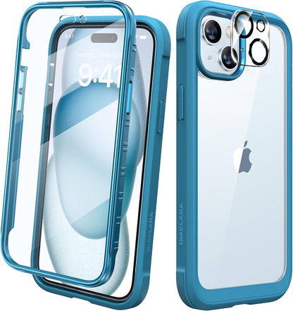 Diaclara Designed for iPhone 15 Plus Case 6.7 Inch, Full-Body Clear Bumper Cases w/Built-in Screen Protector, 360 Protective Rugged Case + Glass Camera Lens Protector,Mint Green
