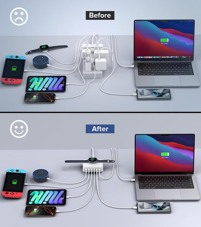 USB Fast Charger Block 50% Smaller 100W Max 6-Port GaN USB Charging Station