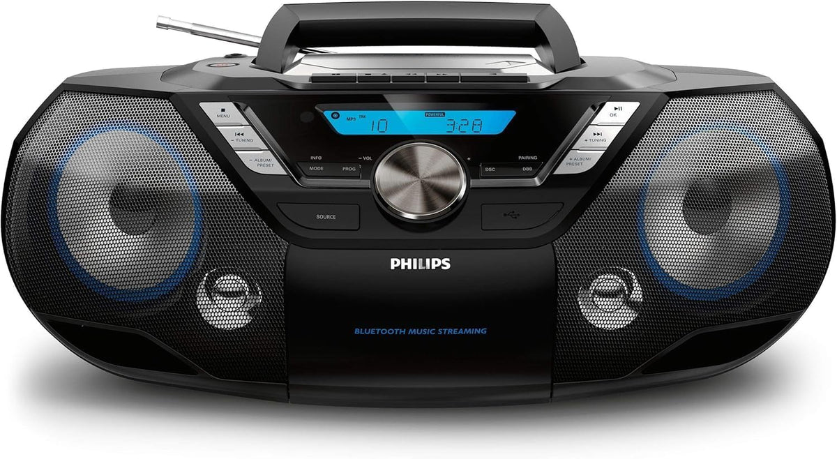 Philips CD Player Portable with Bluetooth, Crystal Clear Sound Top Loading CD Boombox with FM Radio, USB Port & Aux Input, Compact & Lightweight Design,R/CD-RW/MP3 Compatible (Black)