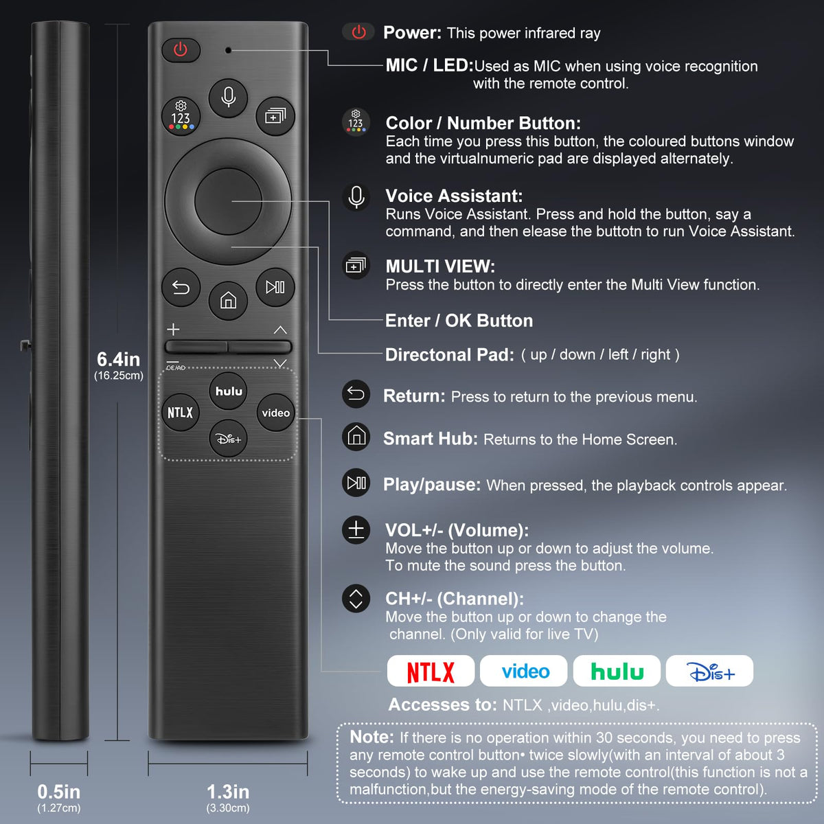 Replacement for Samsung TV Remote, for All 2018-2024 Samsung Remote Control for Smart TV with Voice Control. No Solarcell. 2-Year Warranty.