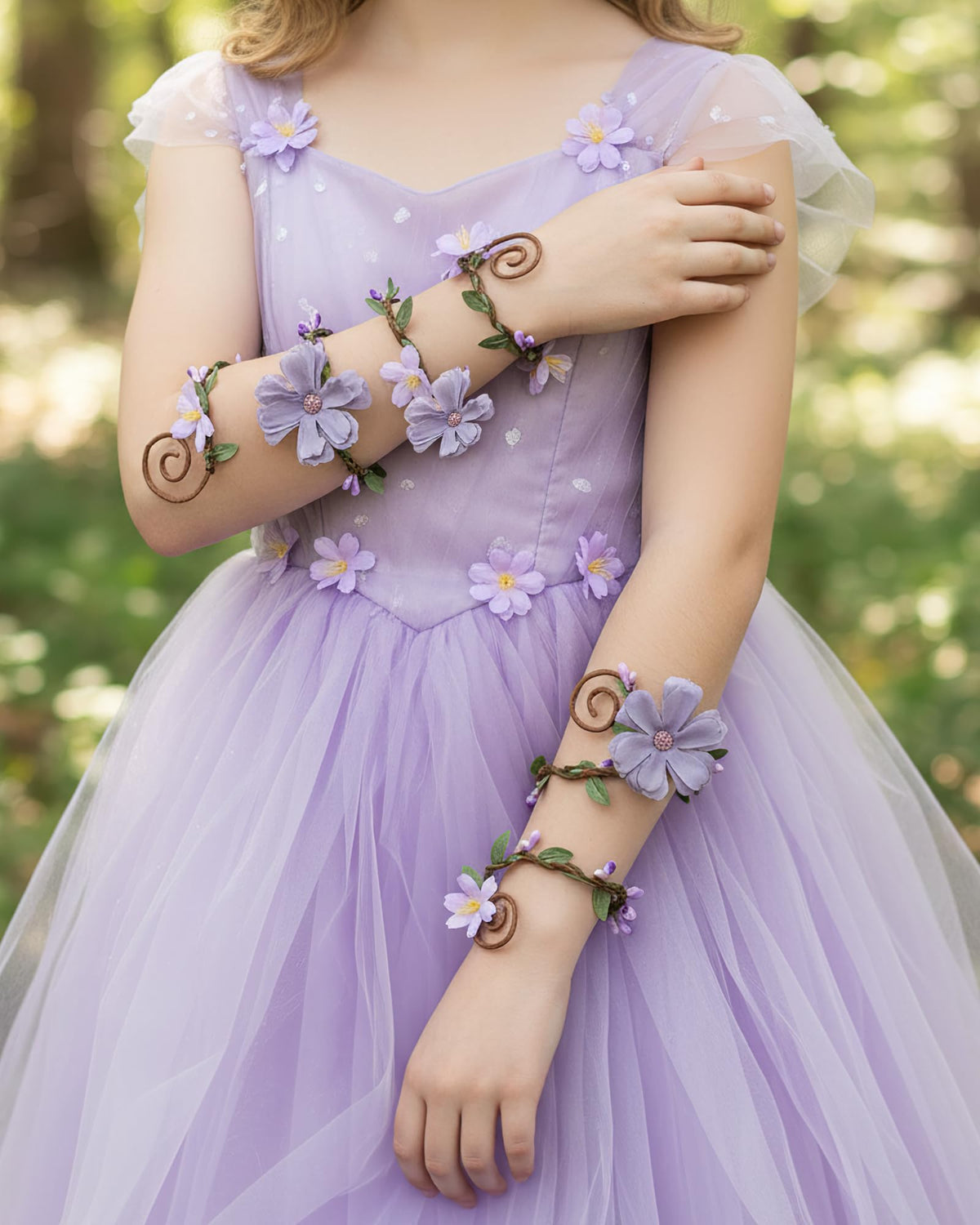 FRESHME Renaissance Costume Flower Arm Wraps - 2 Pcs Fairy Accessories Elf Bracelet with Wrap Ring Woodland Renfaire Outfit